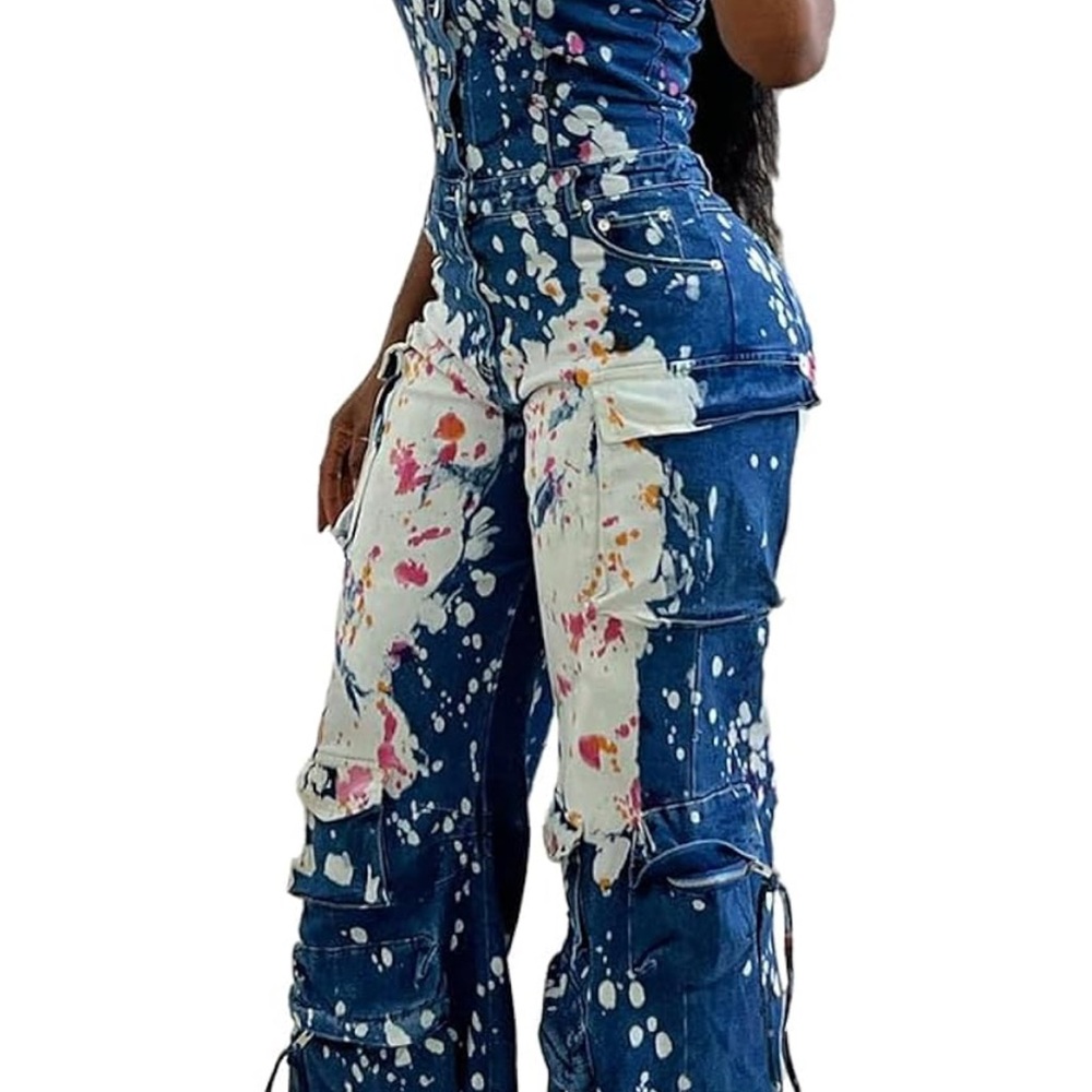 Vibrant Splatter Denim Cargo Jumpsuit